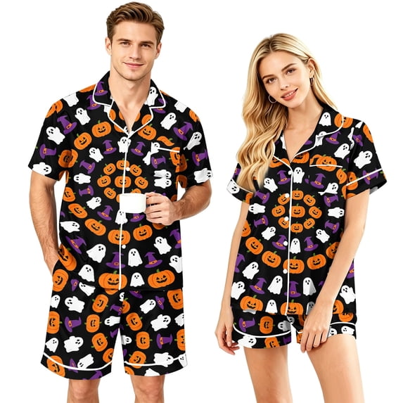 Matching Halloween Pajamas for Couples 2 Piece Short Sleeve Button Down Pjs Soft Breathable Sleepwear Loungewear for Women Men Pumpkin Ghost Bat Web Print White M