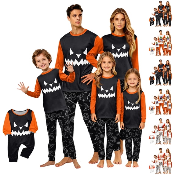 Matching Halloween Pajamas for Family Festival 2 Piece Sets Casual Pjs Matching Sets Long Sleeve Cute Funny Halloween Pumpkin Face Fashion Family Holiday Loungewear