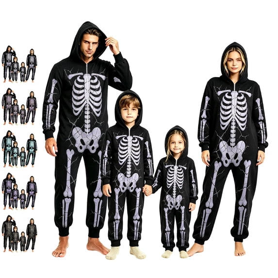 Matching Halloween Pajamas Family Novelty Skeleton Onesie Pajamas Hooded Zipper Jumpsuit Bodysuit Halloween Pjs Party Family Pajamas