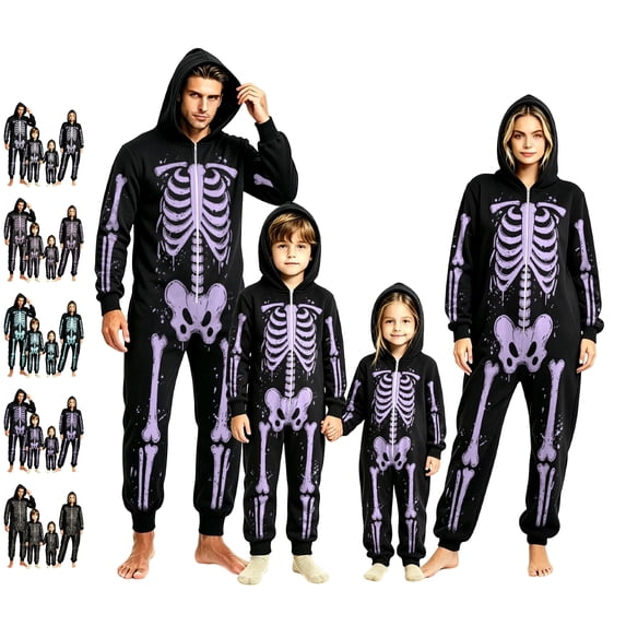 Matching Halloween Pajamas Family Onesie Funny Skeleton Pajamas Hooded Zipper Jumpsuit Bodysuit Halloween Pjs Featival Soft Overall Sleepwear