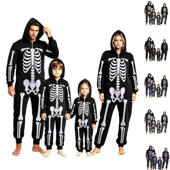 Matching Halloween Pajamas Family Onesie Funny Skeleton Pajamas Hooded Zipper Jumpsuit Bodysuit Pjs Loungewear Party Family Pajamas Nightwear