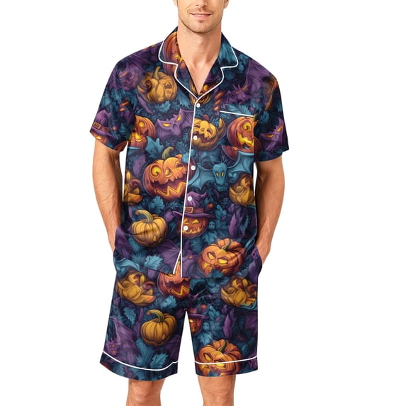 Matching Halloween Pajamas Halloween Pjs Halloween Pajamas Men Cute Halloween Pajamas for Men Pumpkin Pajamas Men Men's Lounge Sets Ghost Pumpkin Graphic Short Pajamas Set Loungewear, Yellow, M