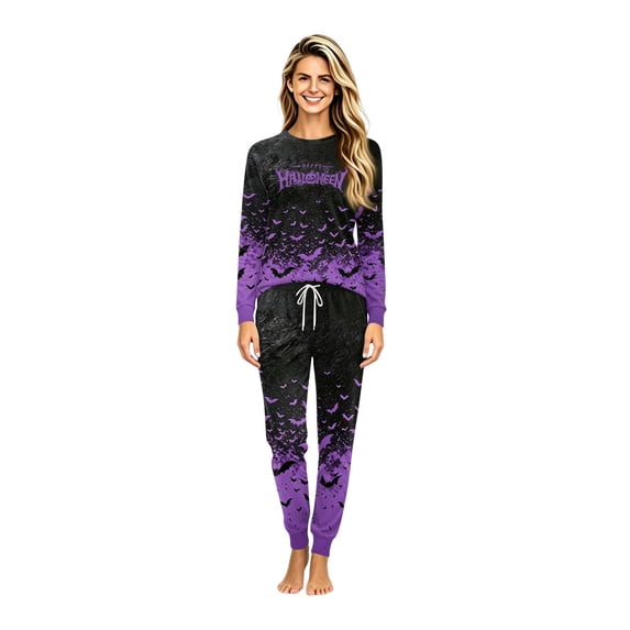 Matching Halloween Pajamas Set for Family, Spooky Printed Long Sleeve PJs Lounge Sleepwear Gift for Holiday Pajama Party