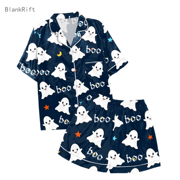 Matching Halloween Pajamas Women 2 Piece Set Graphic Thin Relaxed Fit Button Short Sleeve Shirts and Shorts Soft Women Pjs Sets Navy M