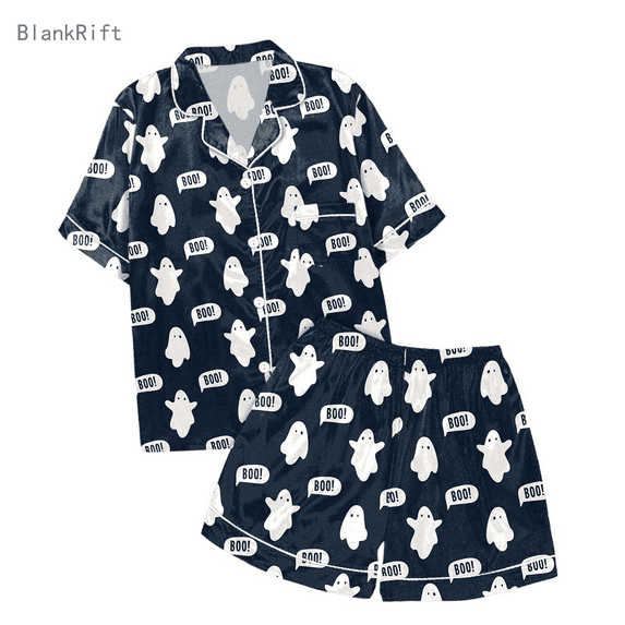 Matching Halloween Pajamas Women 2 Piece Set Graphic Thin Relaxed Fit Button Short Sleeve Shirts and Shorts Soft Womens Pajama Sets Dark Blue XXL