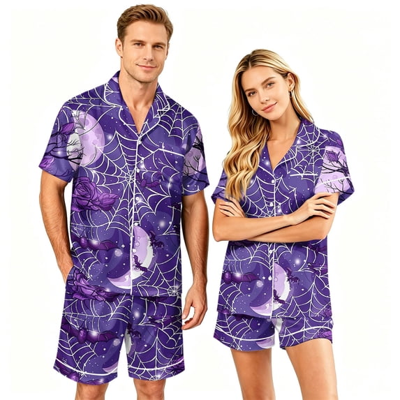 Matching Halloween Pajamas for Couples Short Sleeve Button Up Top and Shorts Set Spooky Pumpkin Graphic Loungewear PJs