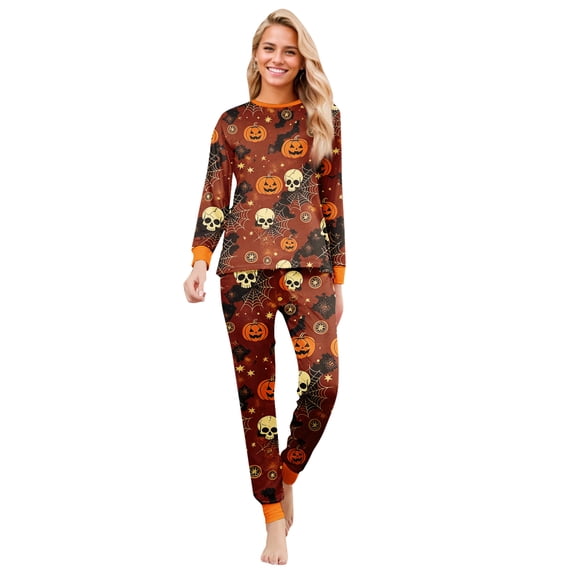 Matching Halloween Pajamas for Family Candy Pumpkin Crew Neck Funny Pjs Spider Web Bat Long Sleeve Horror Loungewear, Women:XL