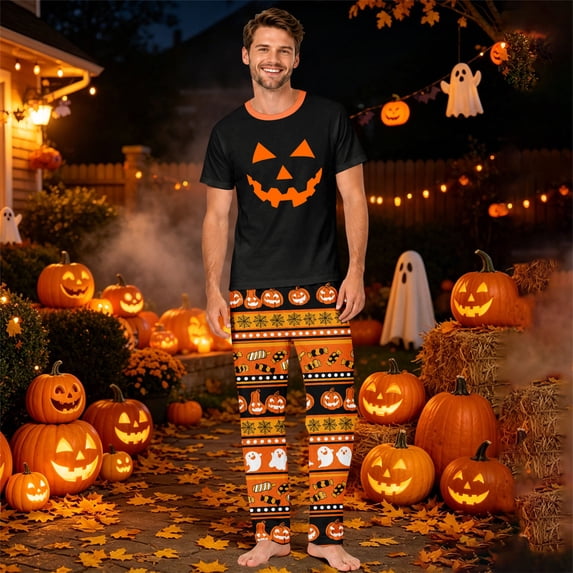 Matching Halloween Pajamas for Family Candy Witch Hat Crew Neck Spooky Loungewear Skull Skeleton Funny Wide Leg Pajamas, Men:2XL