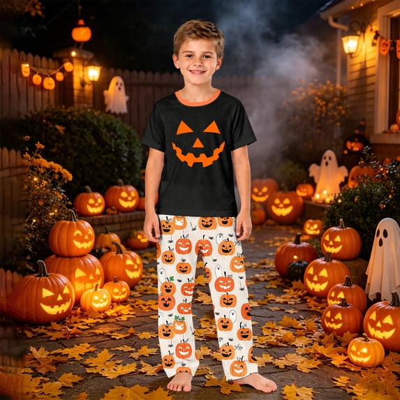 Matching Halloween Pajamas for Family Castle Skull Crew Neck Funny Loungewear Bat Ghost Spooky Wide Leg Pajamas, Kids:9 Years