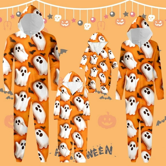 Matching Halloween Pajamas for Family Ghost Print Pajamas Hoodies Halloween Onesie Sleepwear Funny Loungewear Halloween Pajamas Women Set 9M