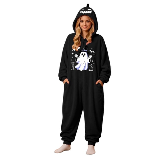 Matching Halloween Pumpkin Onesie Costume for Adults, Flannel Hooded Pumpkin Pajamas with Ghost Print, Halloween Pajamas for Women and Men, Ultra Soft Oversized Jumpsuit Loungewear for Trick or Treat