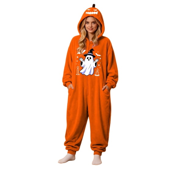 Matching Halloween Pumpkin Onesie Costume for Adults, Flannel Hooded Pumpkin Pajamas with Ghost Print, Halloween Pajamas for Women and Men, Ultra Soft Oversized Jumpsuit Loungewear for Trick or Treat