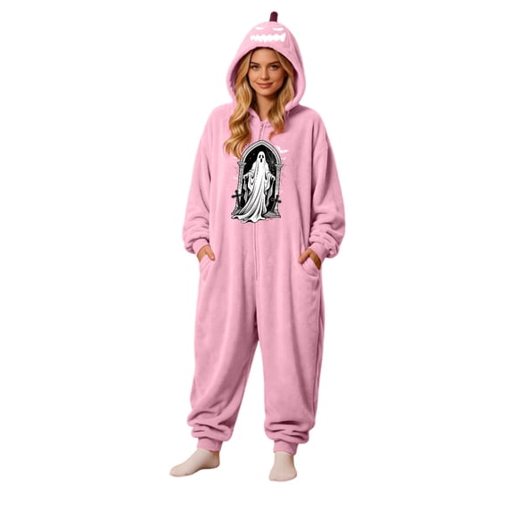 Matching Halloween Pumpkin Onesie Costume for Adults, Flannel Hooded Pumpkin Pajamas with Spooky Ghost Print, Halloween Pajamas for Couple, Cozy Oversized Fit Jumpsuit for Halloween Costume Party