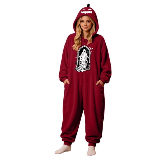 Matching Halloween Pumpkin Onesie Costume for Adults, Flannel Hooded Pumpkin Pajamas with Spooky Ghost Print, Halloween Pajamas for Couple, Cozy Oversized Fit Jumpsuit for Halloween Costume Party