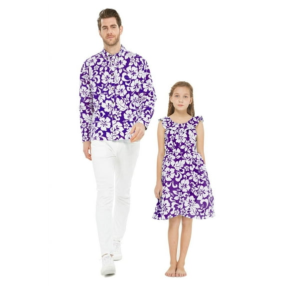Matching Hawaiian Luau Father Daughter Shirt Dress, 53_86, Classic Vintage Hibiscus Purple, Girl, Size 6 Years