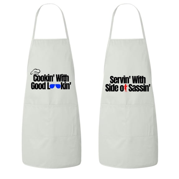 Matching His and Hers Apron Set - Cookin with good lookin, Servin with a side of Sassin - Set of 2, Matching Couples, Cooking Apron, Kitchen, BBQ, House Warming, wedding.