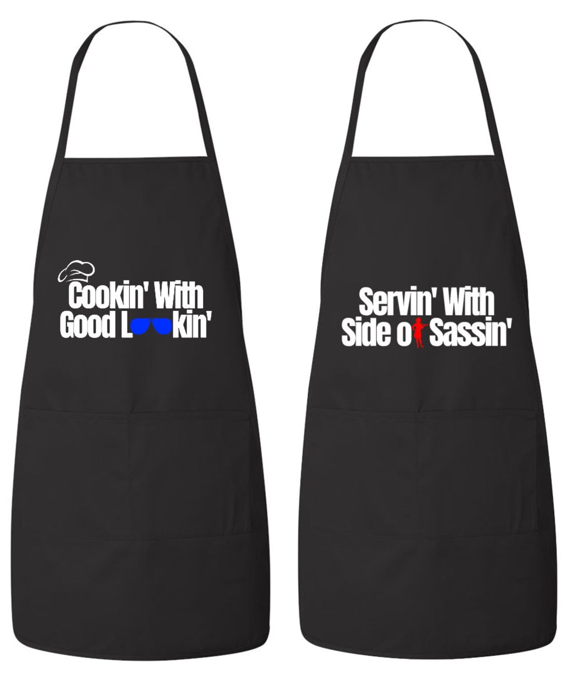 Matching His and Hers Apron Set - Cookin with good lookin, Servin with a side of Sassin - Set of 2, Matching Couples, Cooking Apron, Kitchen, BBQ, House Warming, wedding.