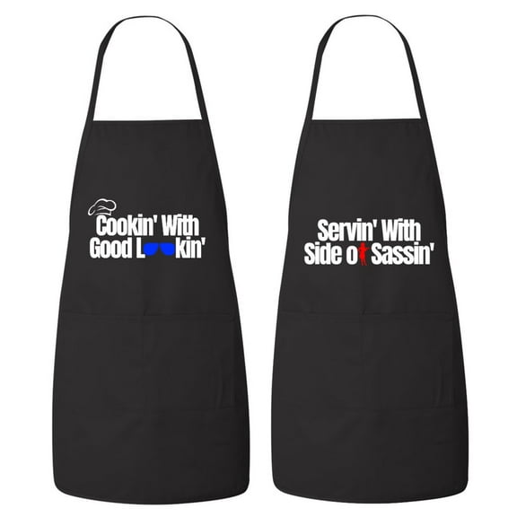 Matching His and Hers Apron Set - Cookin with good lookin, Servin with a side of Sassin - Set of 2, Matching Couples, Cooking Apron, Kitchen, BBQ, House Warming, wedding.