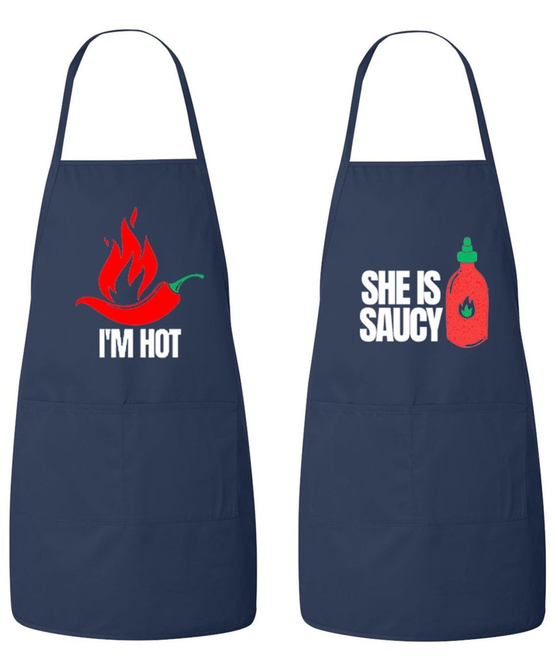 Matching His and Hers Apron Set - Im Hot and She Is Saucy - Set of 2, Matching Couples, Cooking Apron, Kitchen, BBQ, House Warming, wedding.