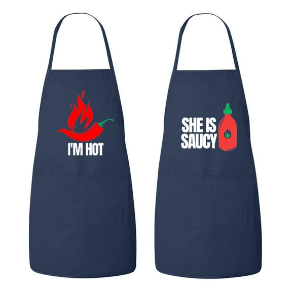 Matching His and Hers Apron Set - Im Hot and She Is Saucy - Set of 2, Matching Couples, Cooking Apron, Kitchen, BBQ, House Warming, wedding.
