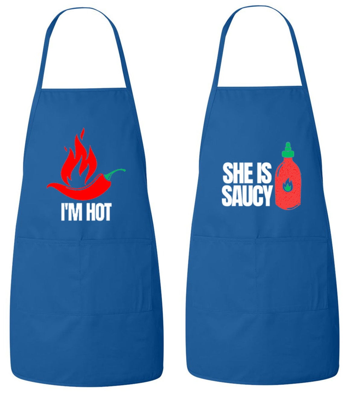 Matching His and Hers Apron Set - Im Hot and She Is Saucy - Set of 2, Matching Couples, Cooking Apron, Kitchen, BBQ, House Warming, wedding.