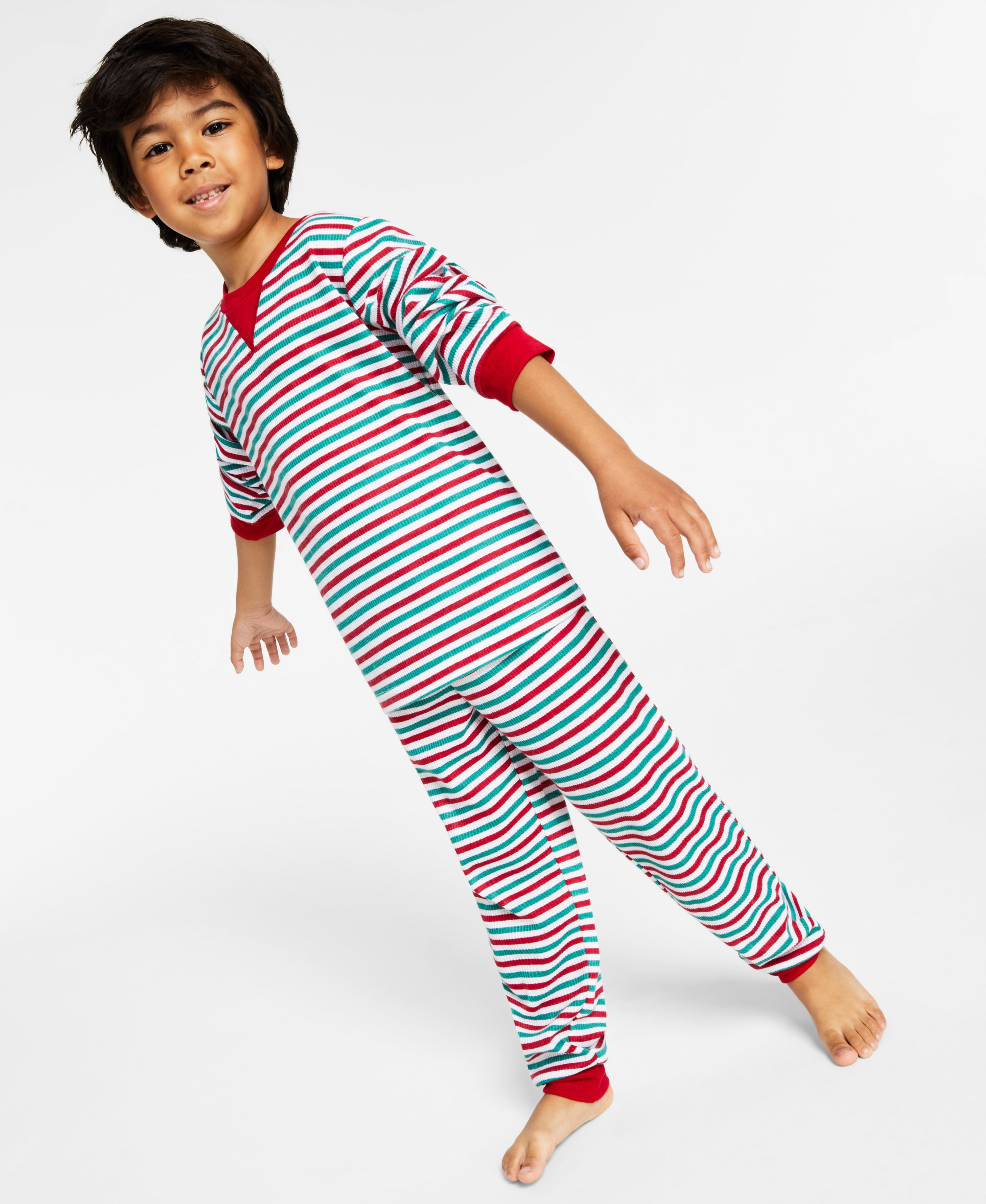Matching Kid s Thermal Waffle Holiday Stripe Pajama Set Bright White 6 7 Walmart