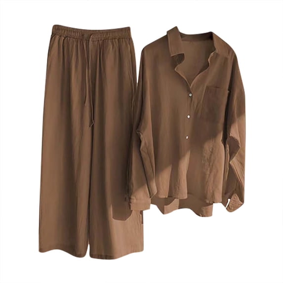 Matching Linen Sets for Women,Women 2 Piece Linen Sets Solid Color Button Down Linen Shirts Summer Loose Boyfriends Long Wide Leg Pants Vacation Beach Loungewear Outfits 2023