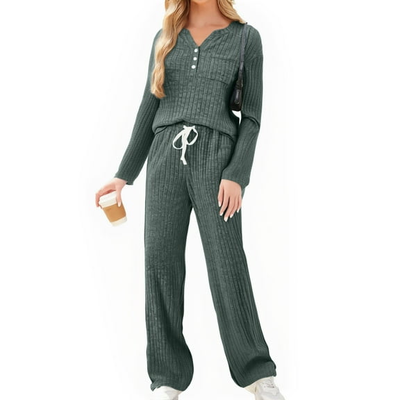 Matching Lounge Sets for Women 2 Piece Outfit 2025 Womens Comfy Long Sleeve Pajamas Sweat Suits Loungewear with Pockets Dark Green S