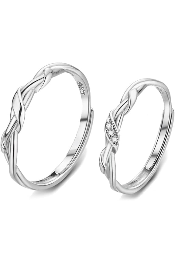 Matching Love Knot Ring S925 Sterling Silver For Him and Her Wedding Promise Rings Couples Band Adjustable for Women Men Crystal Jewelry Valentines Day Anniversary Love Gift 2PCS