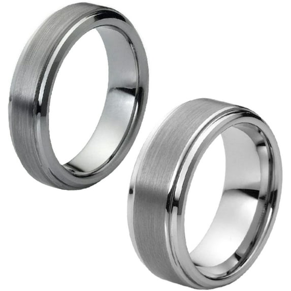 Matching Men and Ladies Brush Center Step Edge Tungsten Carbide Wedding Band Ring Set