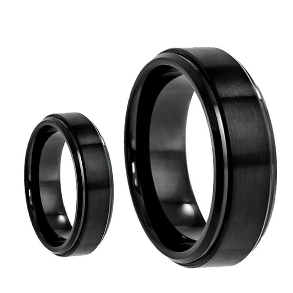 Matching Mens & Ladies Black Brushed Finish Step Edge Tungsten Carbide Wedding Band Ring Set