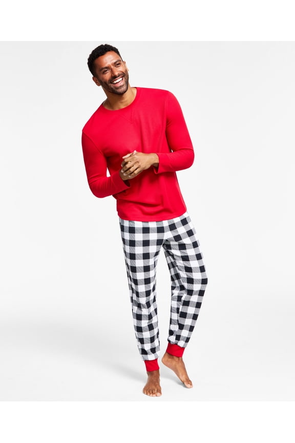 Matching Mens Thermal Waffle Buffalo Check Mix It Pajama Set Black And White Buffalo Check 2XL
