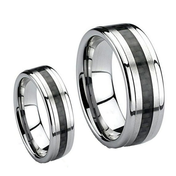 Matching Mens and Ladies Black Carbon Fiber Inlay Tungsten Carbide Wedding Band Ring Set