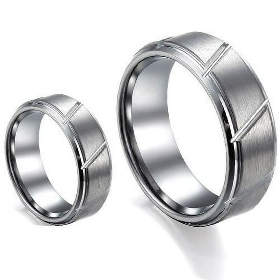 Matching Mens and Ladies Brushed Center With Grooved Cut Tungsten Carbide Wedding Band Ring Set