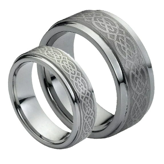 Matching Mens and Ladies Laser Etched Celtic Design Tungsten Carbide Wedding Band Ring Set