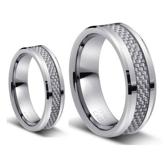 Matching Mens and Ladies Silver Carbon Fiber Inlay Tungsten Carbide Wedding Band Ring Set