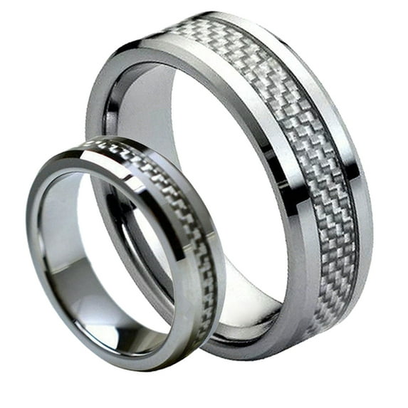 Matching Mens and Ladies Silver Carbon Fiber Inlay Tungsten Carbide Wedding Band Ring Set