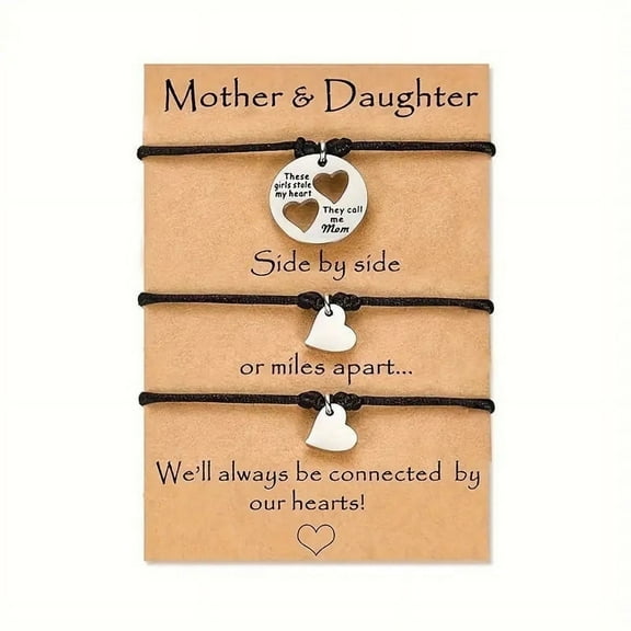 Matching Mother-Daughter Bracelets Set - Heart & Dandelion Design Black Leather Bracelets | Adjustable Sliding Knot | Perfect Mother's Day Gift