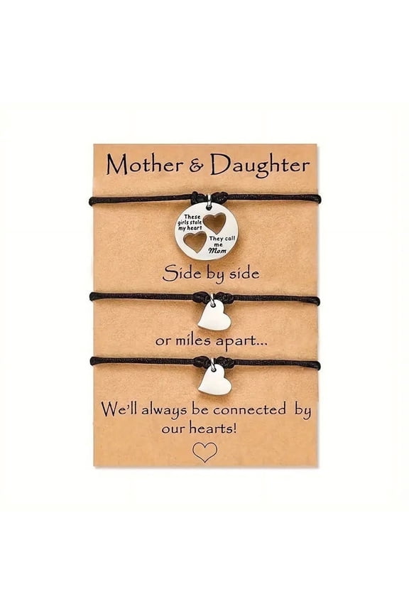 Matching Mother-Daughter Bracelets Set - Heart & Dandelion Design Black Leather Bracelets | Adjustable Sliding Knot | Perfect Mother's Day Gift