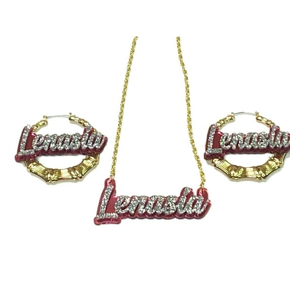 Matching Necklace With Quality Gold Chain and Size Choice Bamboo Earrings Name Plate Jewelry Set, Color Background Selection Personalized Any Name Custom Made To Order