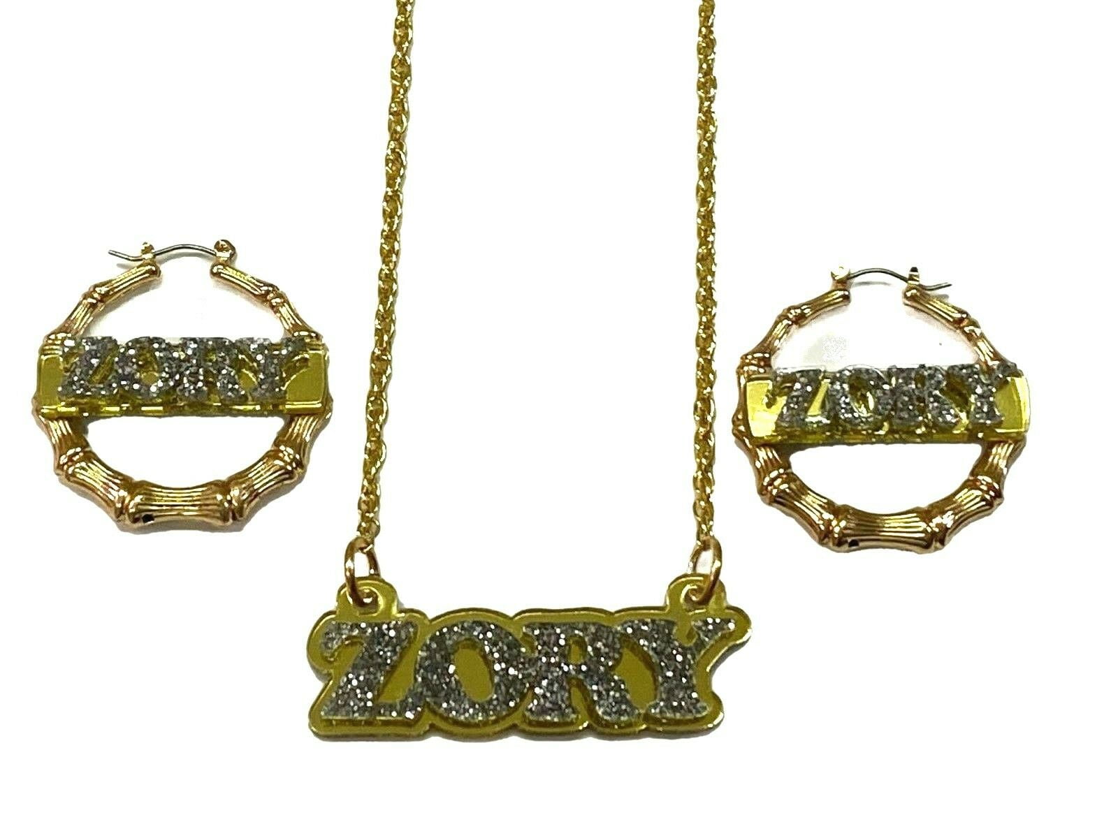 Personalized Custom Gold Hoop Bamboo Earrings Name Plate Laser Cut Gold Script