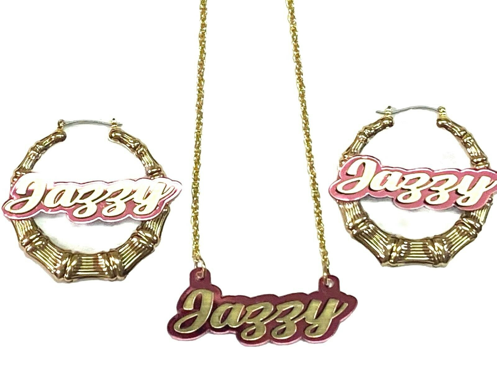 Personalized Custom Gold Hoop Bamboo Earrings Name Plate Laser Cut Gold Script