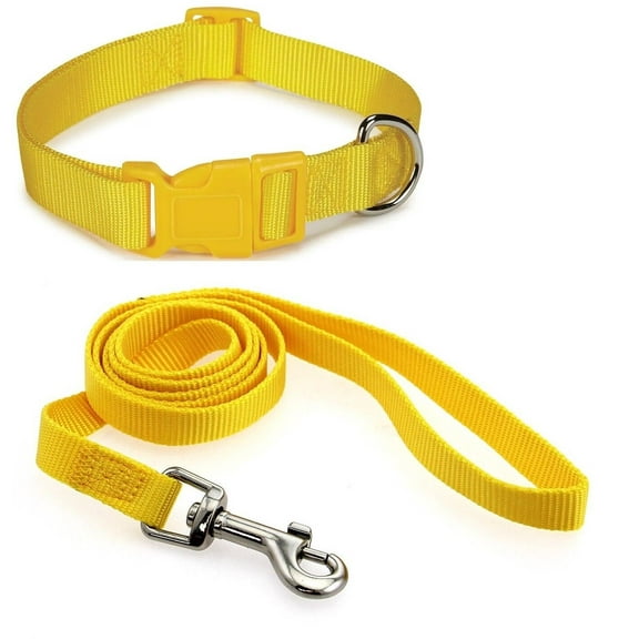 Matching Nylon Dog Collar and Lead Solid Colors 2 Piece Sets Adjustable Durable (Small Yellow)