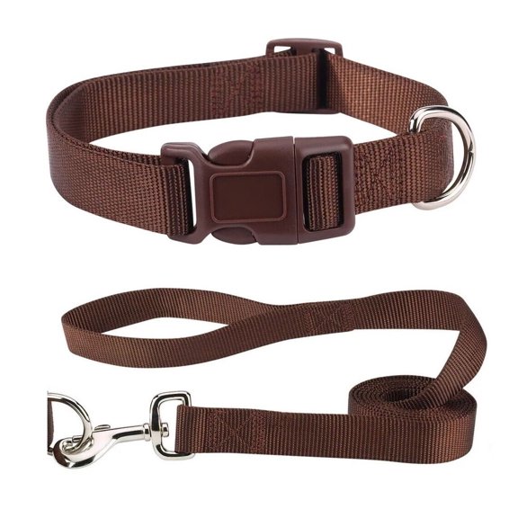 Matching Nylon Dog Collar and Lead Solid Colors 2 Piece Sets Adjustable Durable (xSmall Chocolate)