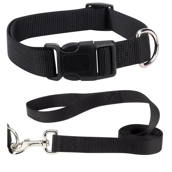 Matching Nylon Dog Collar and Lead Solid Colors 2 Piece Sets Adjustable Durable (xSmall Jet Black)