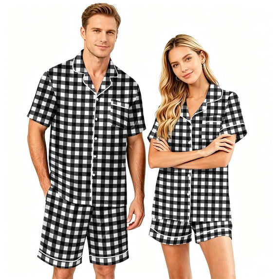 Matching Outfits for Couples Silk Satin Short Sleeve Button Down Pjs Sleepwear Satin Pajama Shorts Set Soft Loungewear S-Xxxxl(Women)