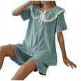 thumbnail image 1 of Matching Pajamas New Womens Solid Pajama Set 2 Piece Short Sleeve Doll Collar Bow Lapel Shirt and Pants Loungewear Set Cute Sleepwear Cute Pajamas Green M, 1 of 9