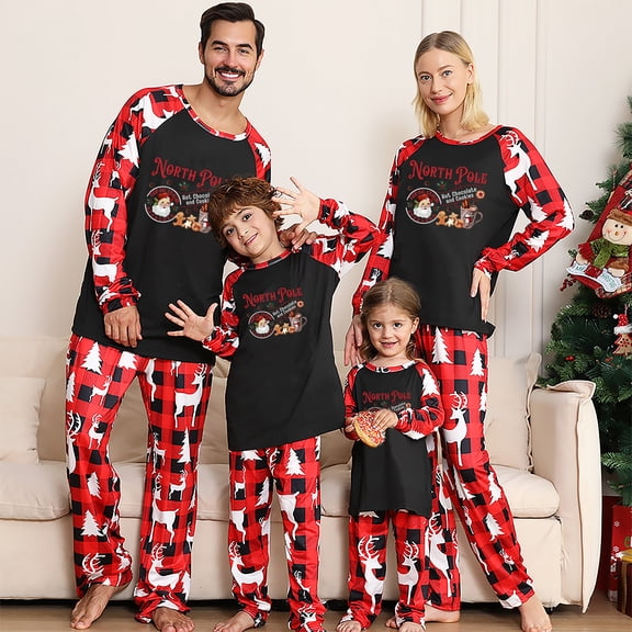 Matching Pajamas For The Whole Family With Santa Hot Cocoa, Black And Red Plaid, 2 Pieces