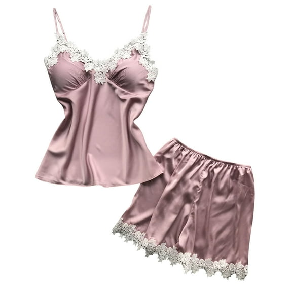 Matching Pajamas Satin Silk Pajamas for Women 2PCS Cami Sleeveless Tops Sleepwear Shorts Pajama Set Lece V-Neck Tops Loungewear Soft Nightwear Pajama Sets Women S