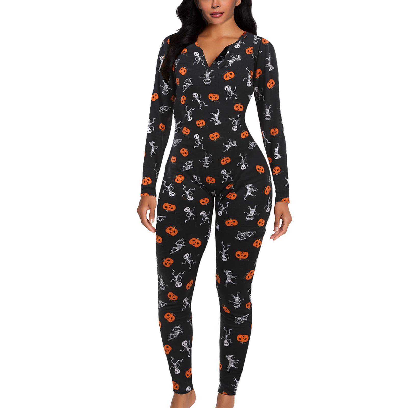 Matching Pajamas Set Adult Pumpkin Skeleton Pjs Onesie Sleepwear for Women Men Halloween Christmas Couples Loungewear